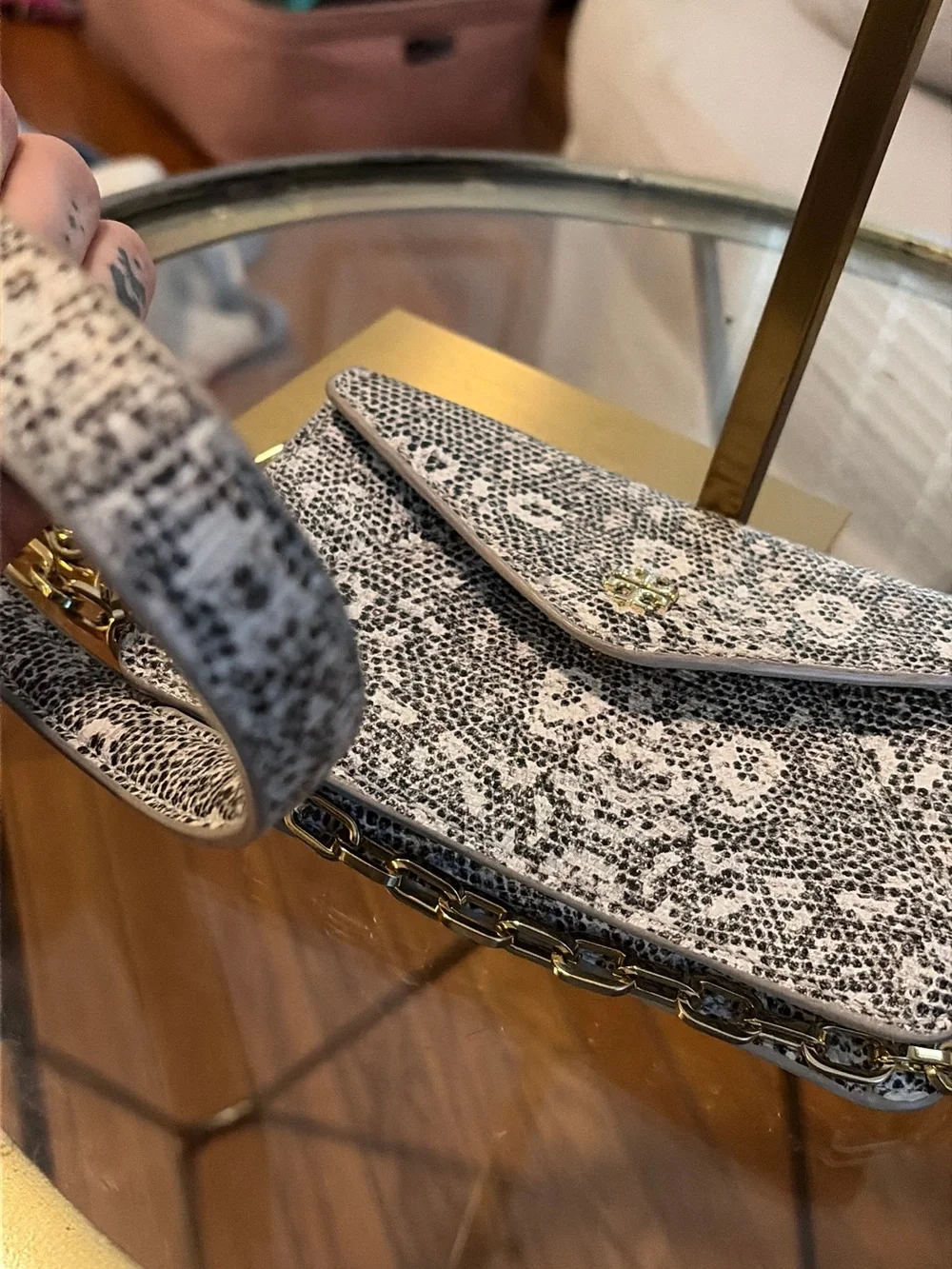 Tory Burch Black and White Snake-Print Crossbody with Gold Chain